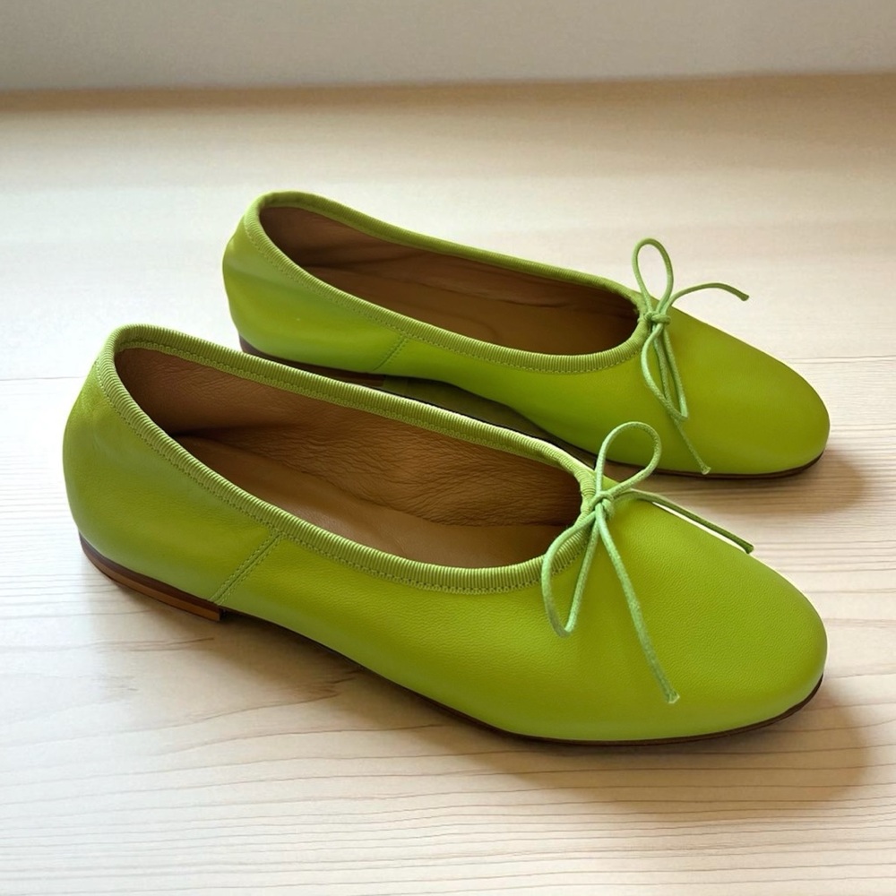 Mansur Gavriel Dream Ballerina Leather Bow Flats Fern Lime Green